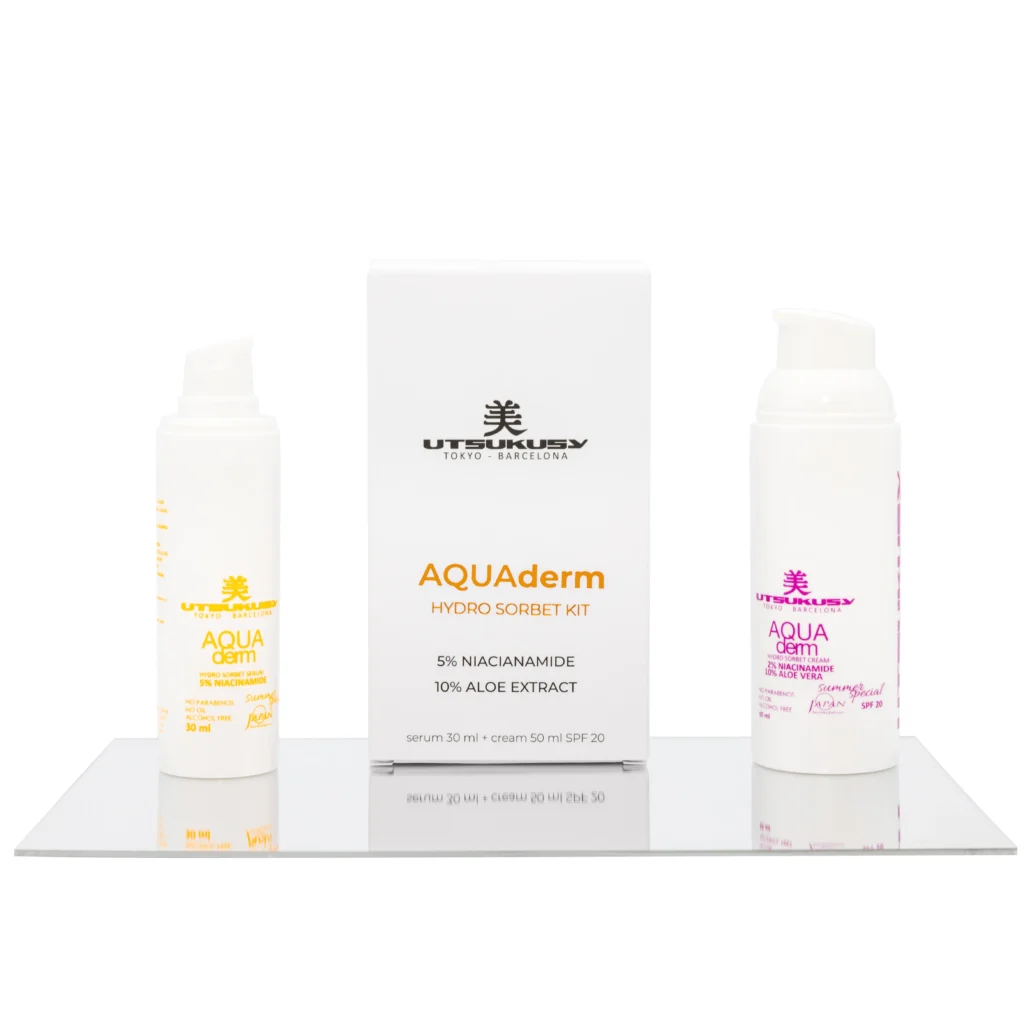 Aqua Derm Set von Utsukusy Cosmetics bestehend aus Gesichtscreme und Serum - die ideale Hautpflege für den Sommer